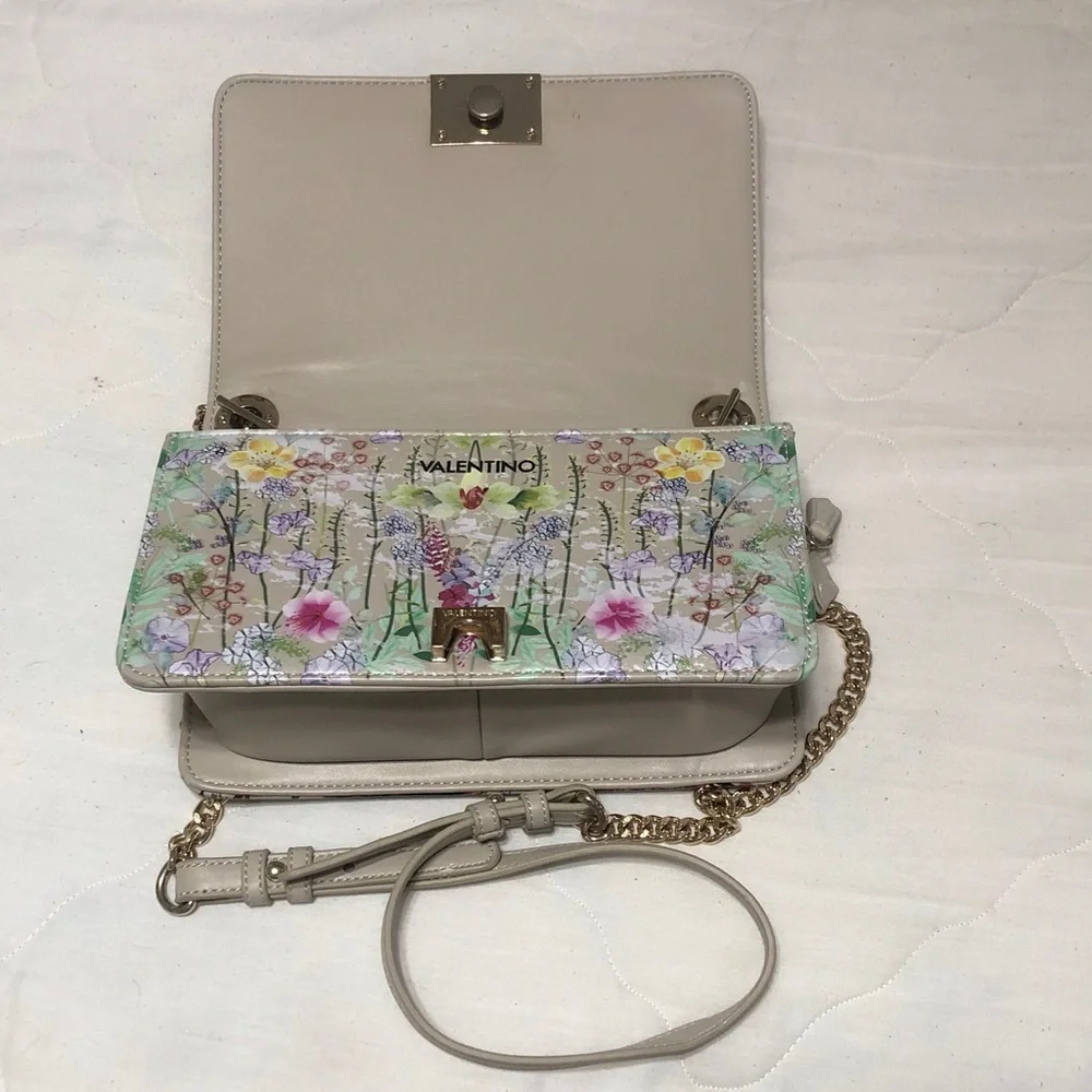 Valentino Quilted Floral Leather Shoulder Bag in Cream & Purple